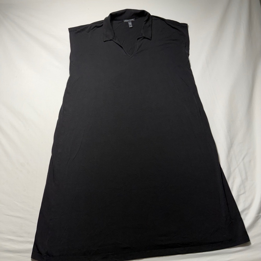 Eileen Fisher Black V-Neck Polo Collar Shift Dress XXS Jersey Cap Sleeve